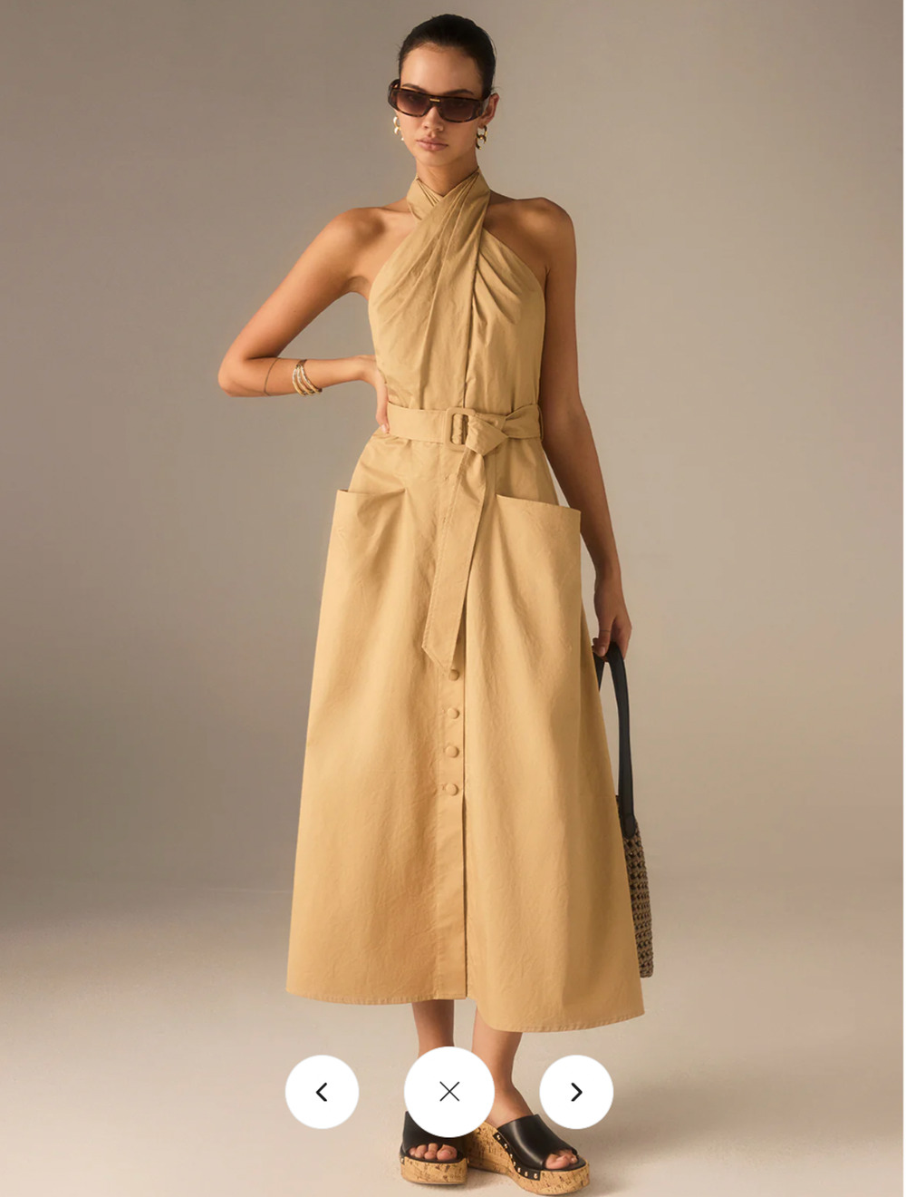 NWT Commense Cotton Pleated Halter Neck Belted Midi Dress Sz S